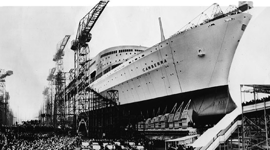 the launch of P&O's CANBERRA at Harland & Wolff shipyard in 1960